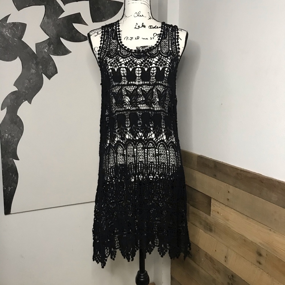 Black Lace Crochet Overlay Dress